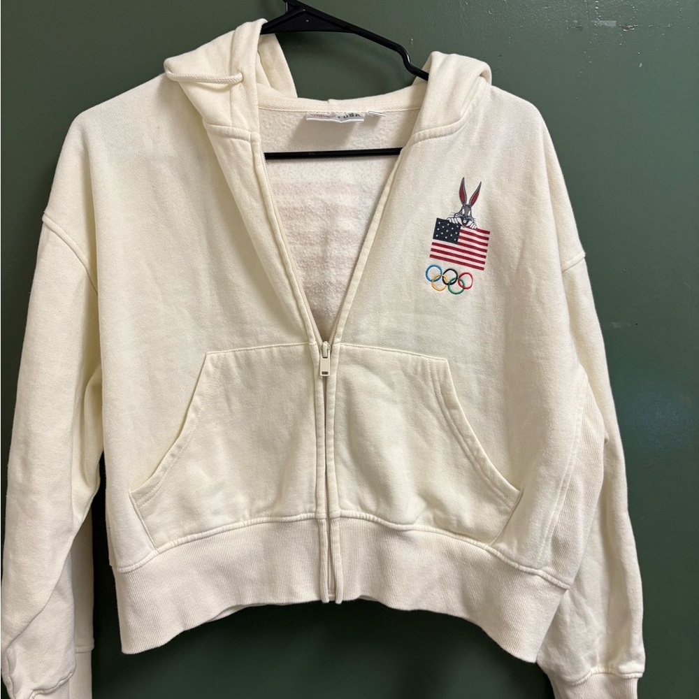 Cream Zip-Up Hoodie with Flag and Olympic Rings